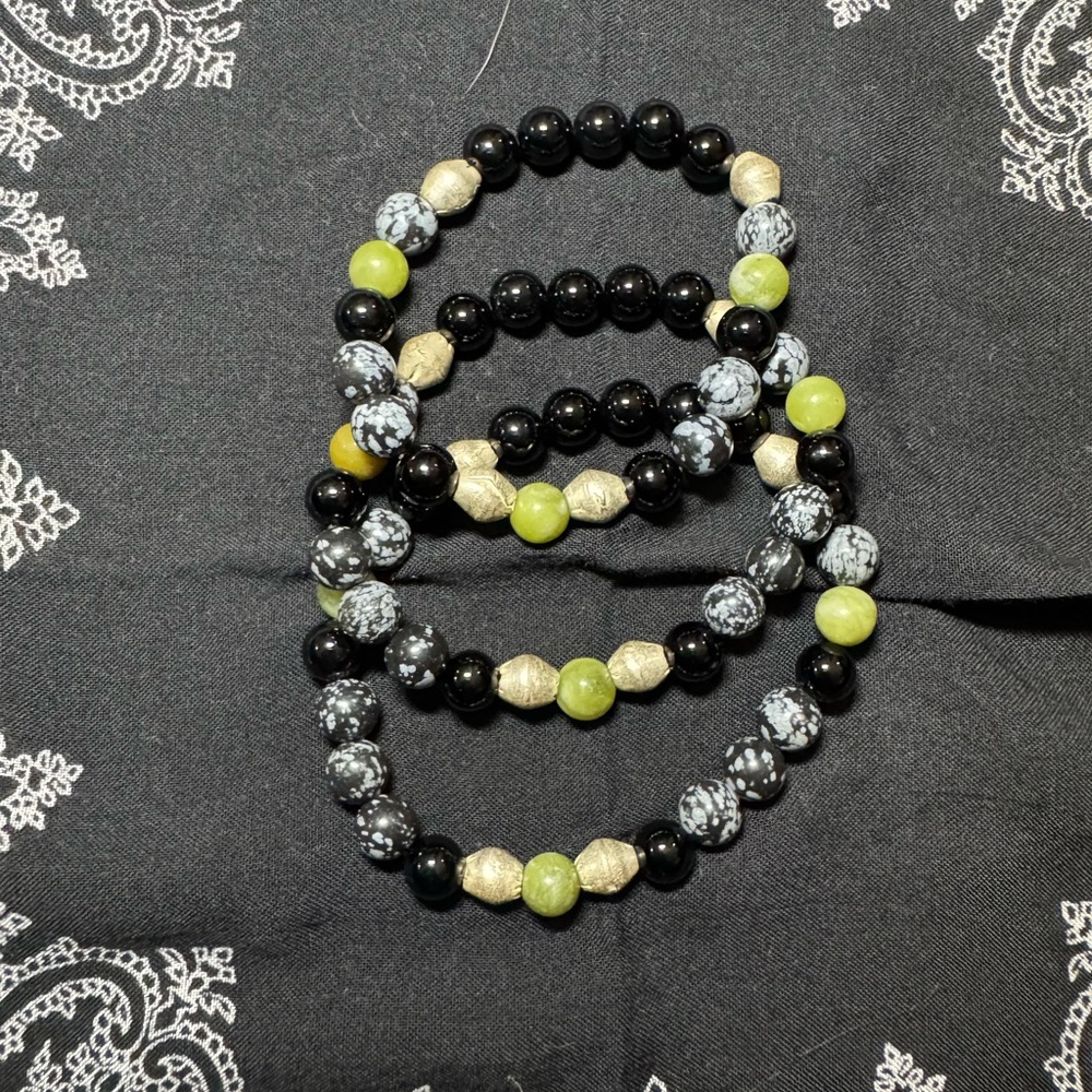 JUNGLE HIPPIE BRACELET - olive jade, snowflake obsidian, black onyx UNISEX